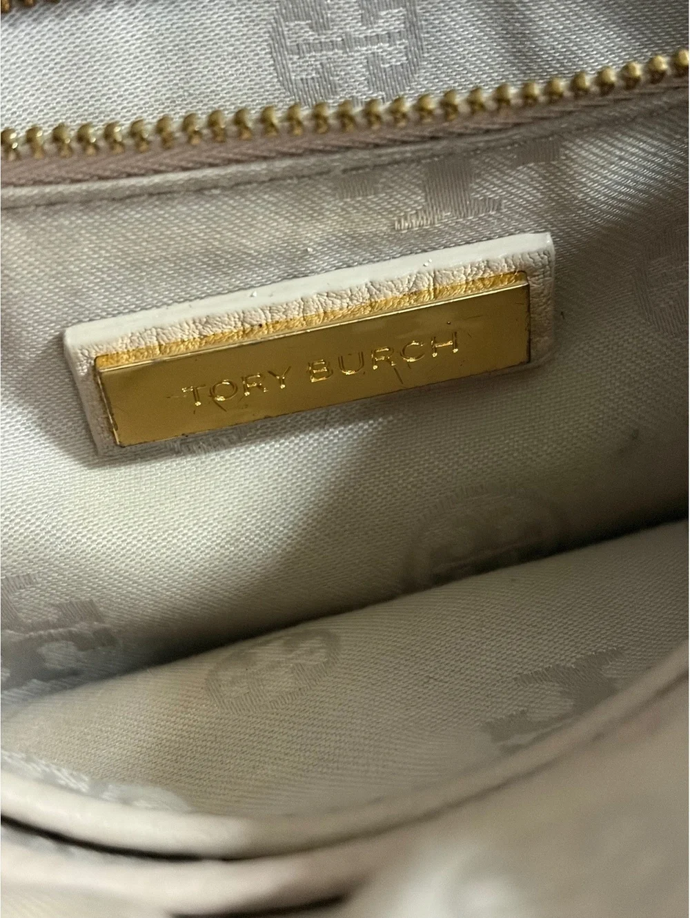 Tory Burch Beige Leather Crossbody Bag with Gold Chain Accent
